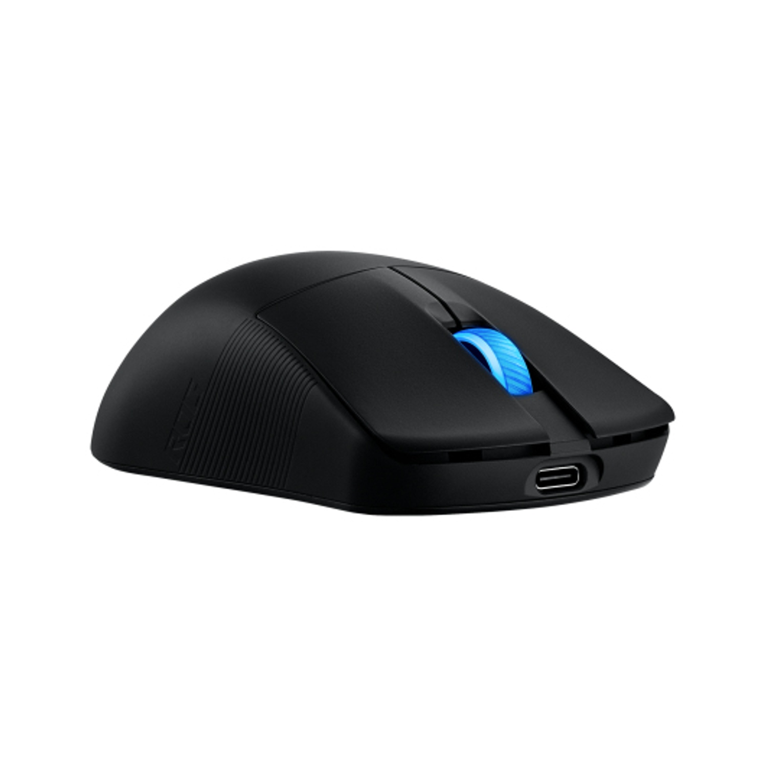 Mouse da gioco nero, wireless, con rotella blu.