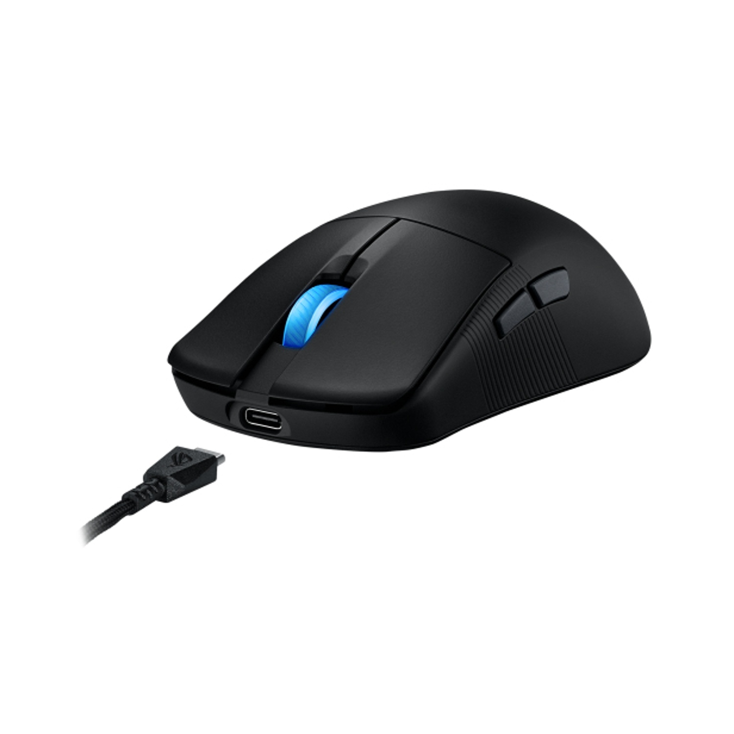 Un mouse per computer nero con una rotella di scorrimento blu, collegato a un cavo.