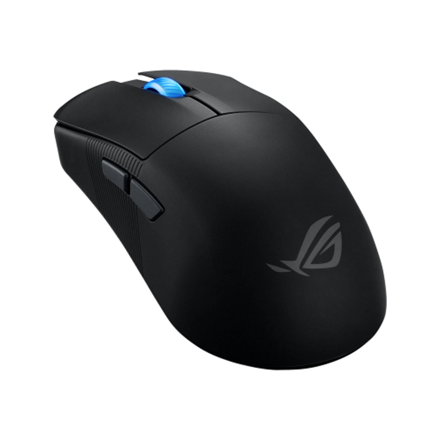 Un mouse per computer wireless nero con una rotella di scorrimento blu.