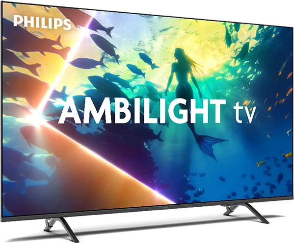 Egy nagy, fekete Philips Ambilight TV. A képernyőn egy sellő jelenet látható.