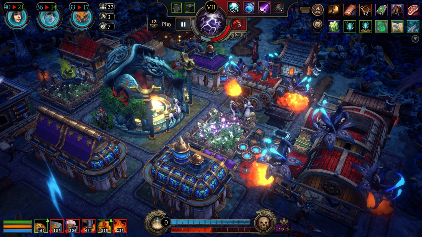 Scena gry z budynkami, postaciami i dużym stworzeniem. Ogień i inne efekty są widoczne w scenie.