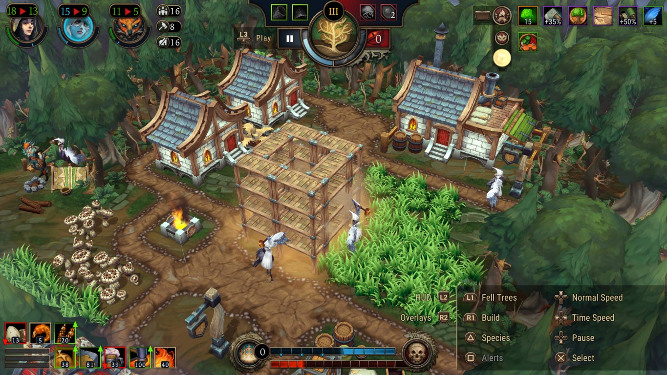 Scena gry z budynkami, postaciami i placem budowy. Widoczne są również drzewa i zasoby.