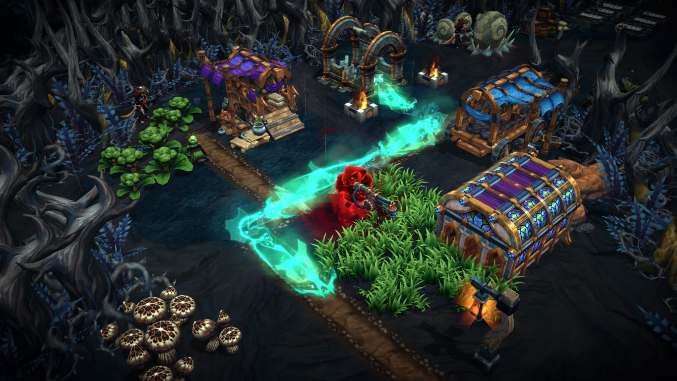 Widok z góry na scenę gry z budynkami, postaciami i ścieżką. Dominują kolory zieleni i błękitu.