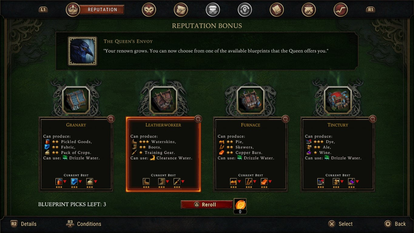 Interfejs gry wyświetlający posłańca Królowej, oferujący wybór planów, takich jak Spichlerz i Rzemieślnik.