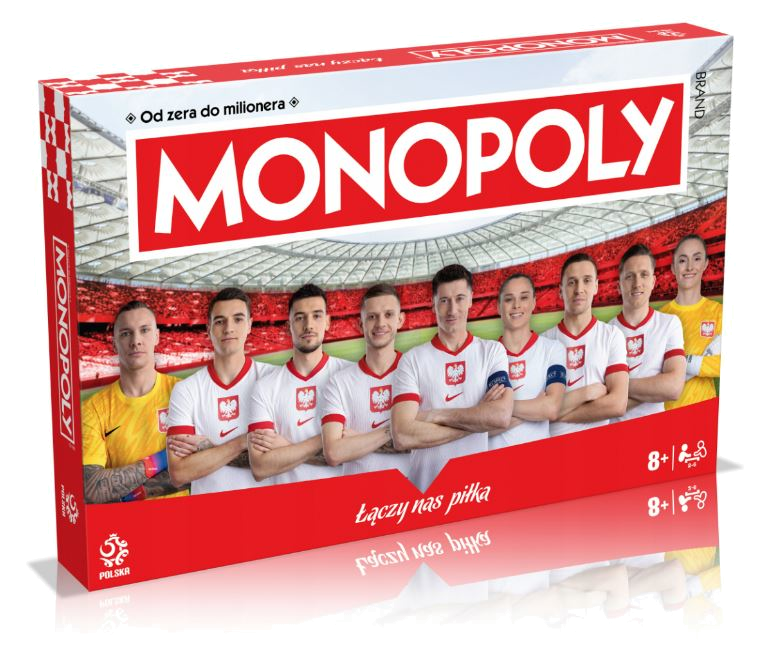 Pudełko Monopoly z zespołem graczy przed stadionem.
