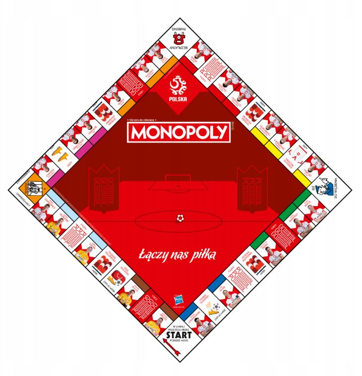 Gra planszowa Monopoly z boiskiem piłkarskim w środku, otoczona nieruchomościami i zdjęciami.