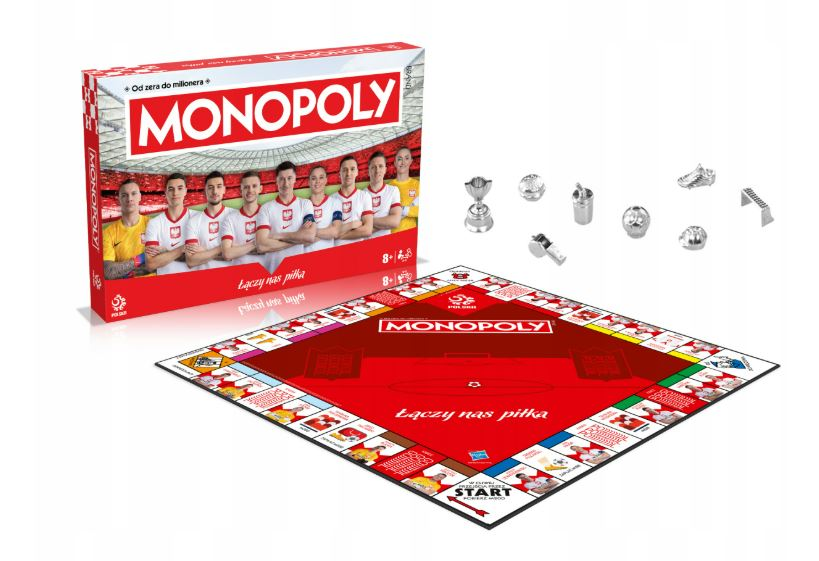Gra planszowa Monopoly, z pudełkiem pokazującym drużynę piłkarską i pionki.