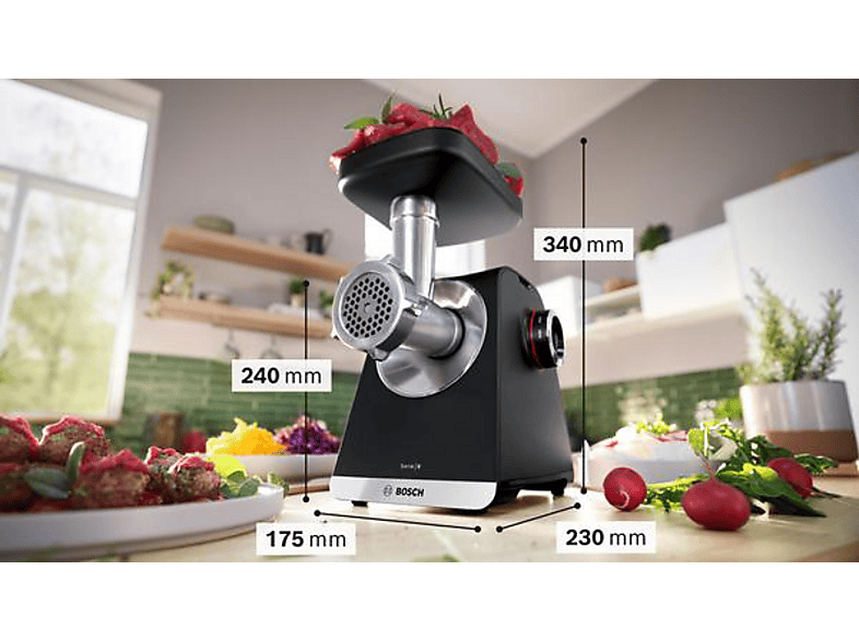 Bosch MFWS660B Serie 6, Fleischwolf, MultiPower, 2100 W, Schwarz, silver metalic — Foto 3 von 5