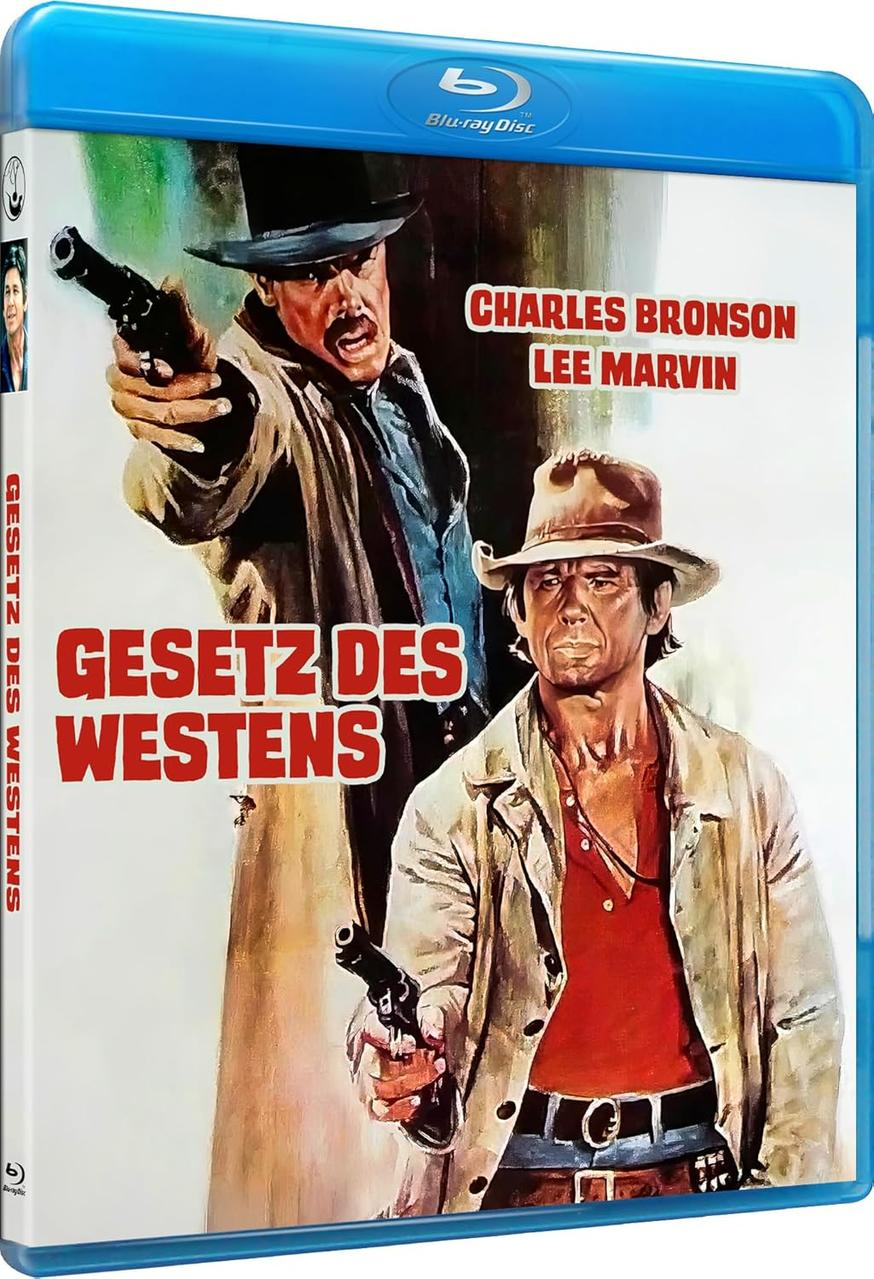 Blu-ray-Cover für den Film Gesetz des Westens mit zwei Männern mit Pistolen. Western-Thema.