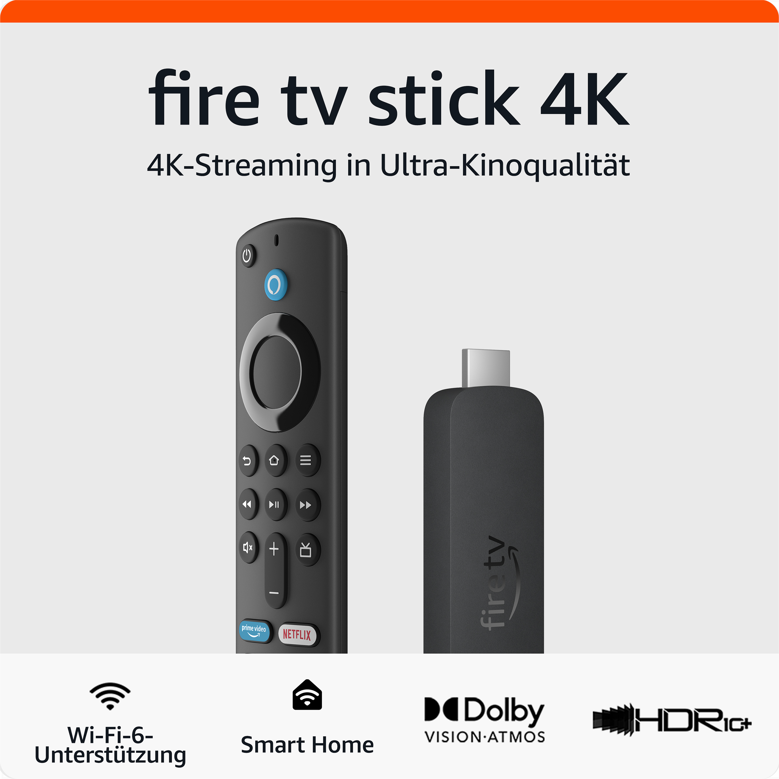 Amazon Fire TV Stick mit Fernbedienung. Funktionen: Wi-Fi 6, Smart Home, Dolby Vision Atmos und HDR10+.