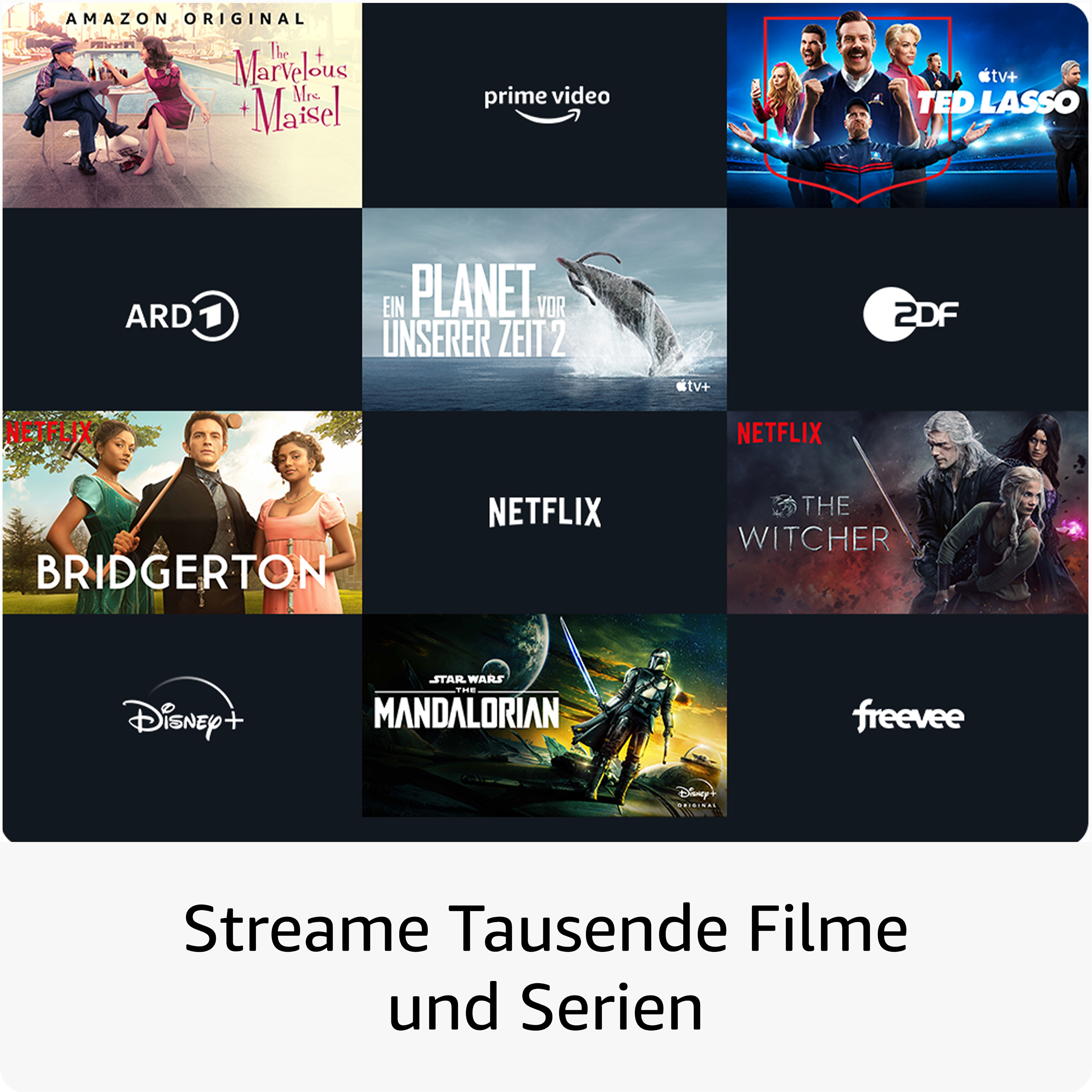 Collage von Streaming-Dienst-Logos: Amazon, Prime Video, Ted Lasso, Netflix, Disney+ etc.