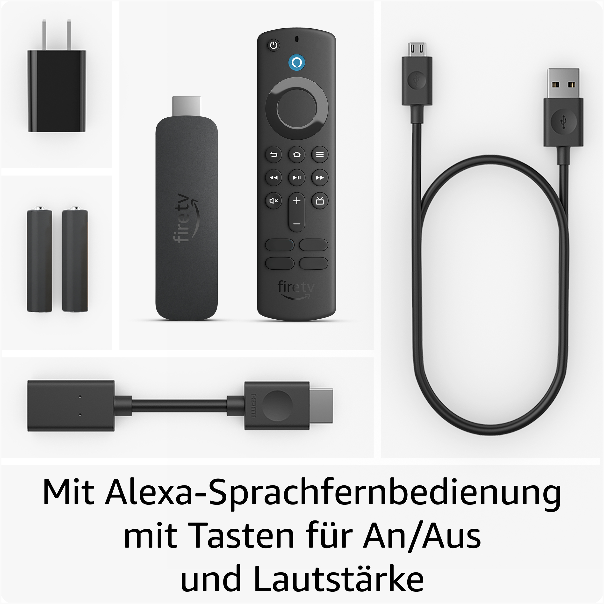 Produktfoto eines Fire TV-Sets mit Zubehör, darunter Fernbedienung, Ladegerät und HDMI-Adapter. Text auf Deutsch.