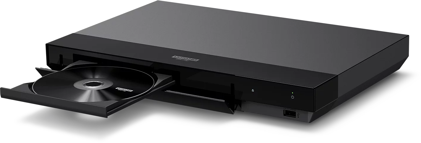 Fekete Sony Blu-ray lejátszó, nyitott tálcával, koronggal.
