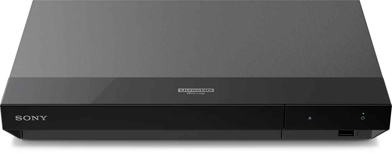 Fekete Sony Blu-ray lejátszó, elölnézet, Ultra HD logóval.