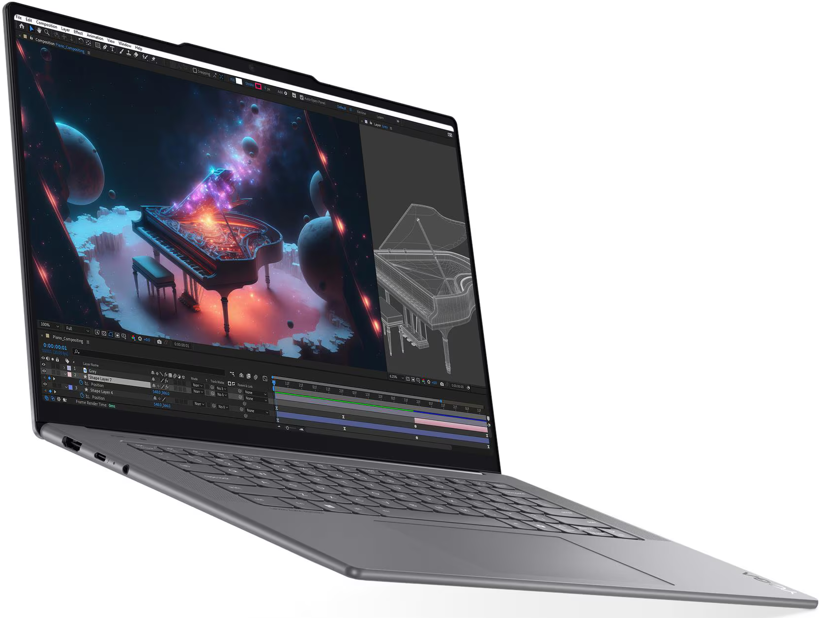 Laptop zenei szerkesztő szoftver felületet mutat, zongorával és űr háttérrel.