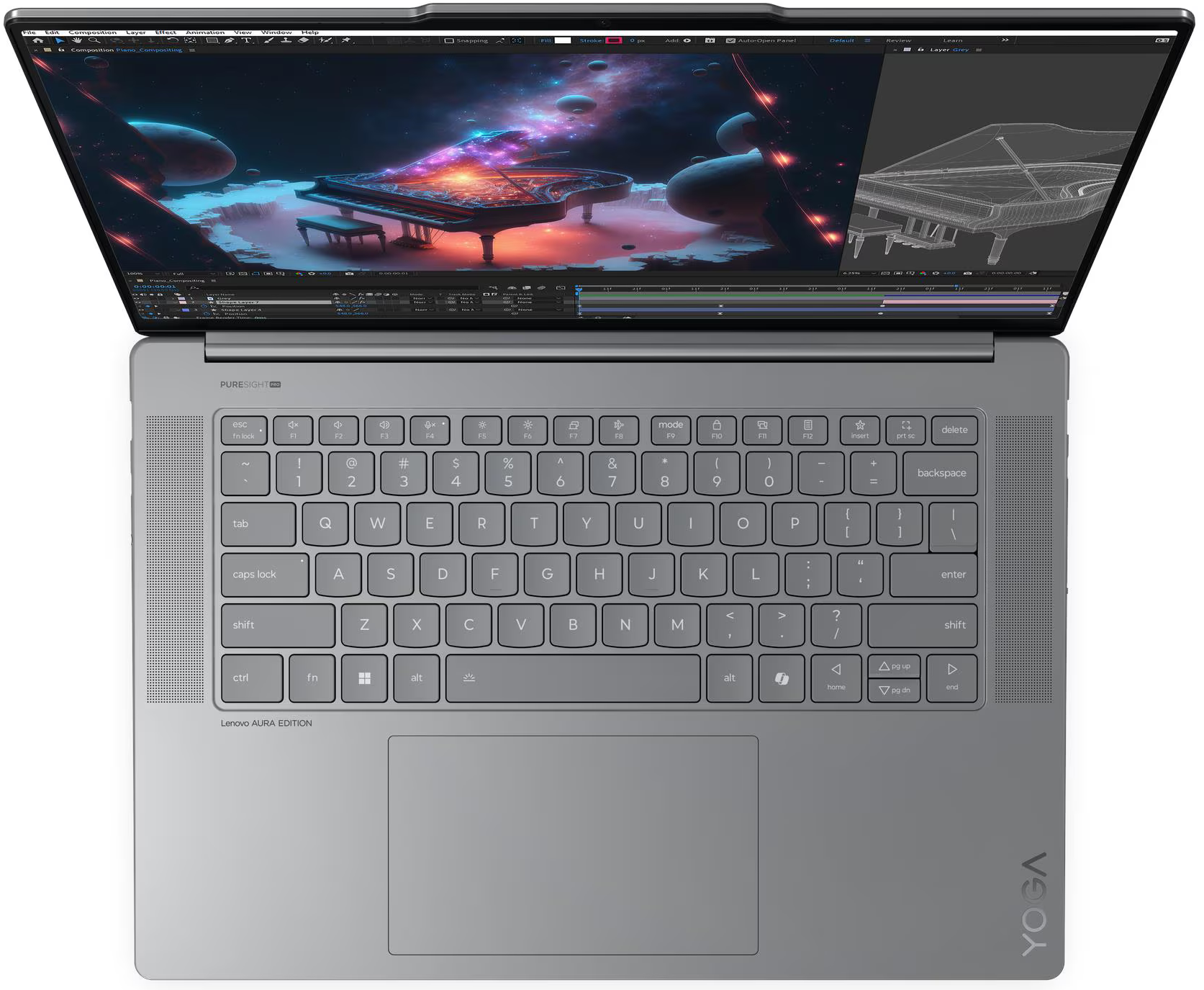 Egy szürke laptop billentyűzettel és egy zongorát mutató képernyővel.