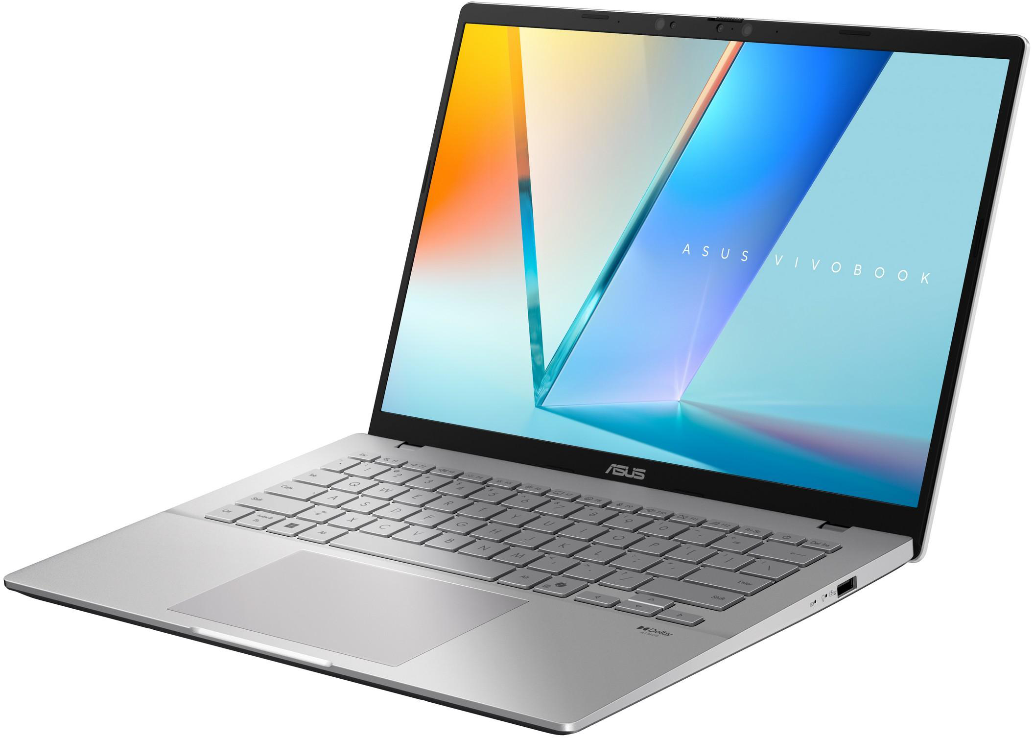 Ezüst ASUS Vivobook laptop nyitva, billentyűzet látható, színes képernyő, ASUS látható.