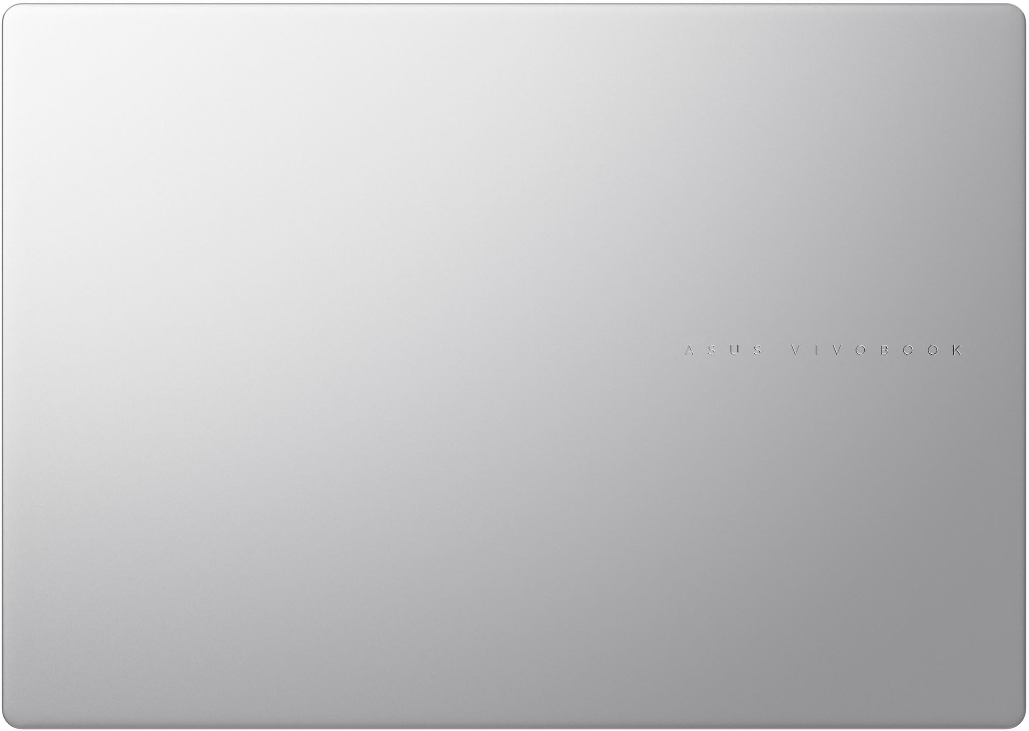 Felülnézet ezüst ASUS Vivobook laptopról, az ASUS Vivobook logó látható.