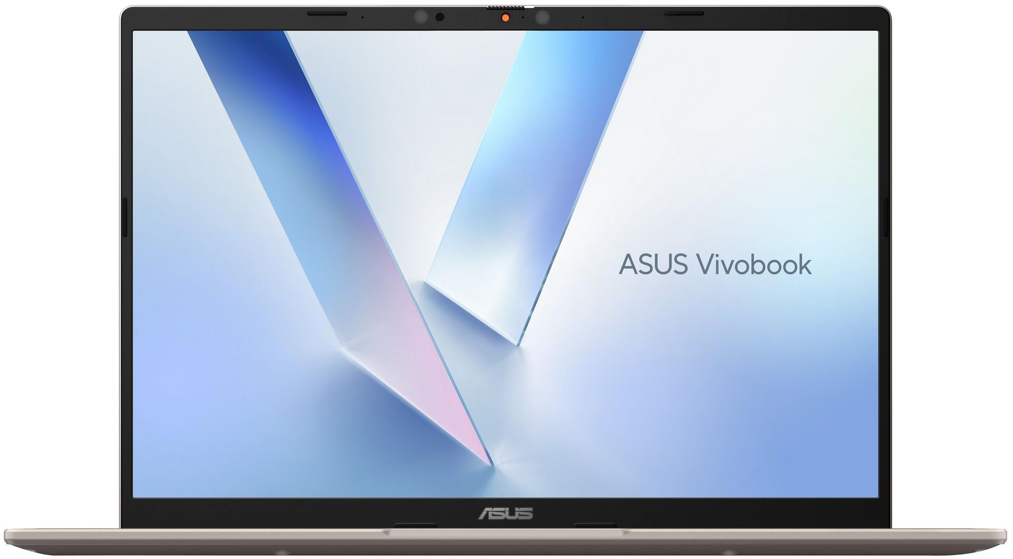 Bézs színű ASUS Vivobook laptop, elölnézet, színes képernyővel, látható márkanévvel.