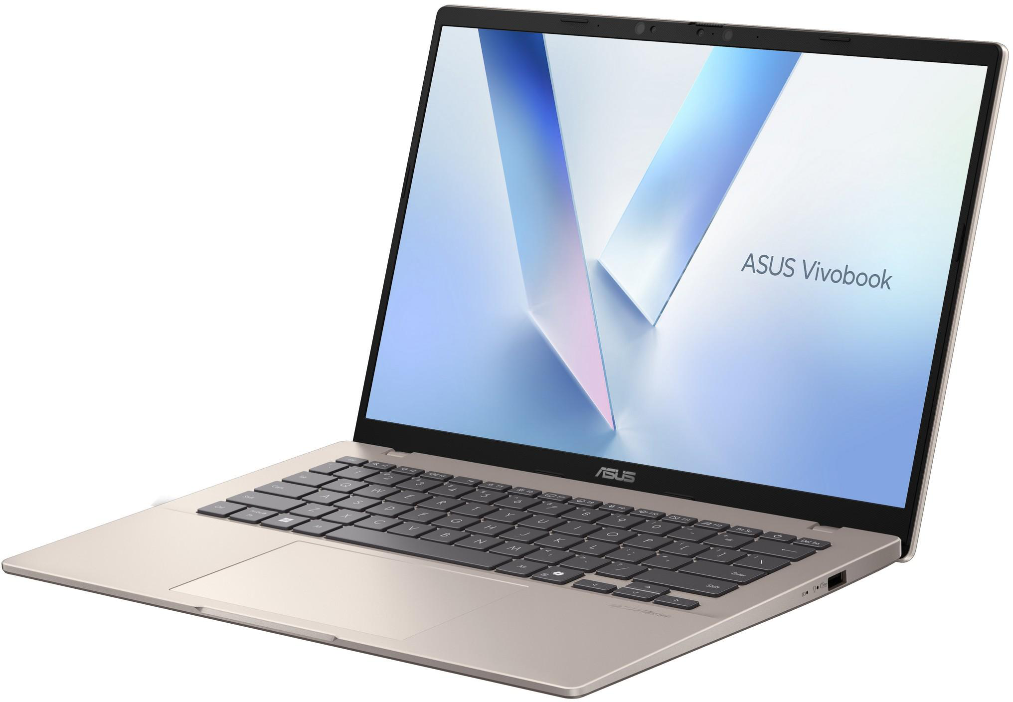 Laptop, képernyőn ASUS Vivobook, balra döntve, bézs szín, fehér háttér.