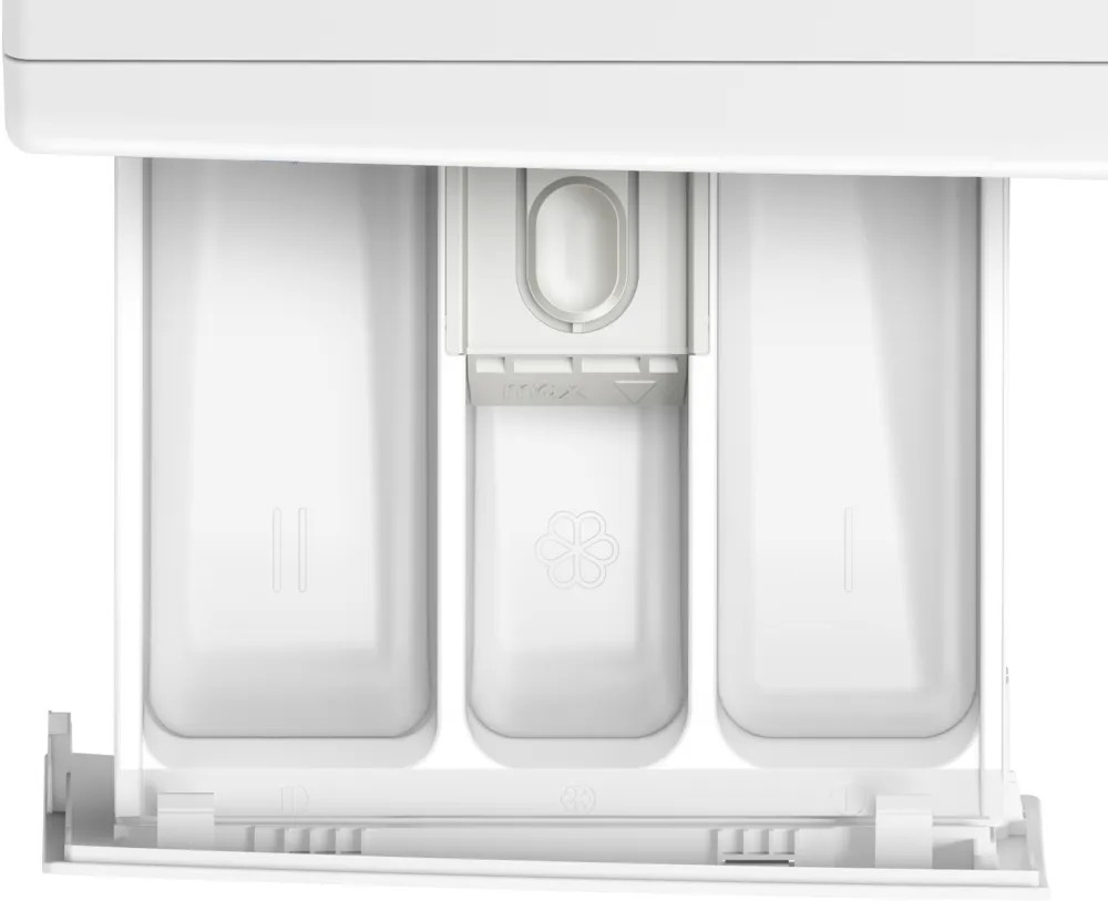 Szuflada na detergenty w pralce, pokazująca przegródki na różne środki piorące.