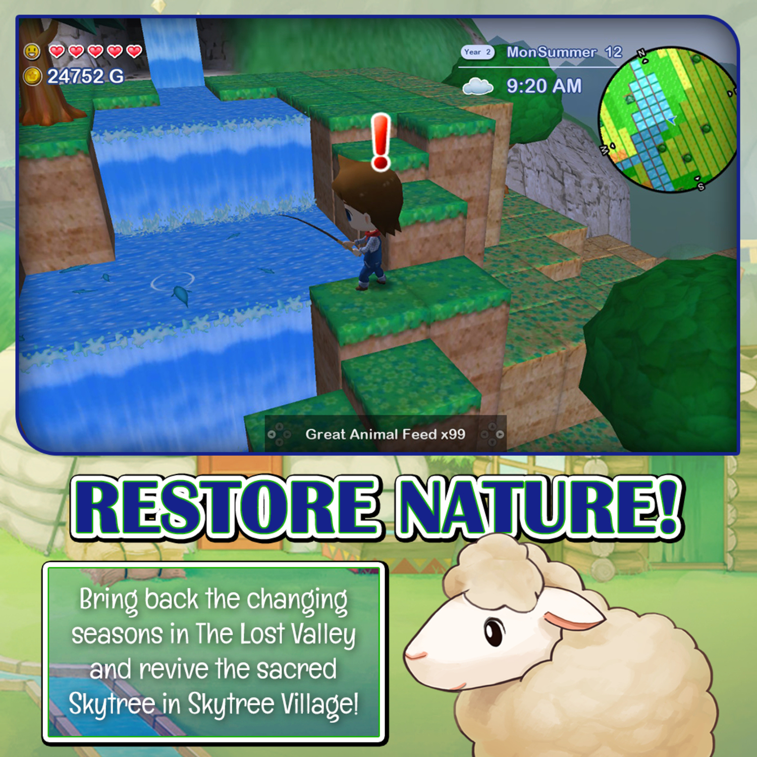 Screenshot van een personage dat aan het vissen is. Waterval en schaap zijn zichtbaar in de game scene.