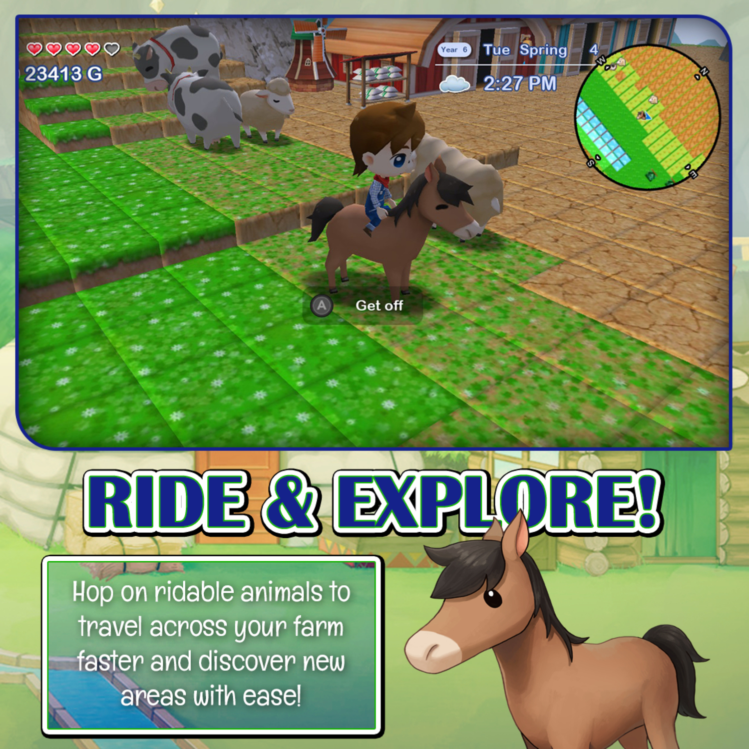 Screenshot van een personage dat op een paard rijdt. Andere dieren en velden worden getoond in de scène.