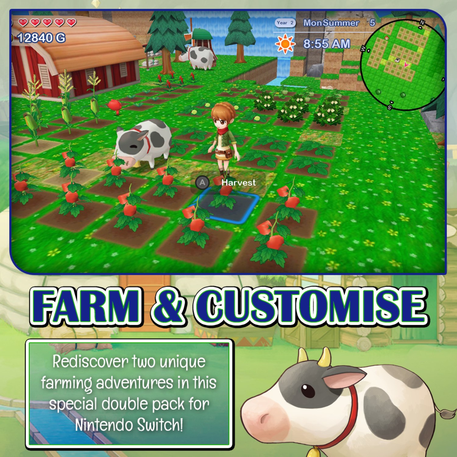 Een screenshot van een game met een landbouwthema. Een koe en een personage staan op een veld. Tekst onderaan.