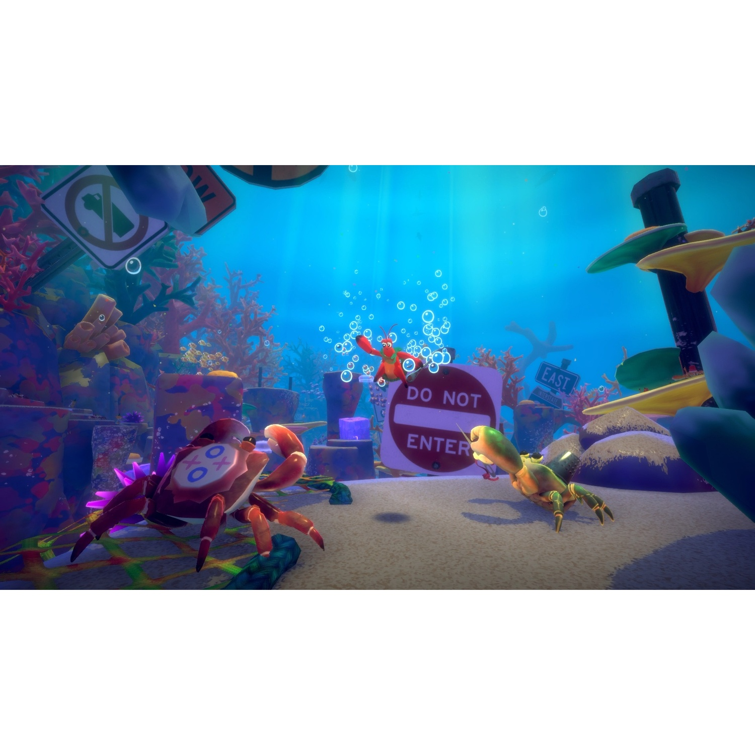 Several crabs, and a sign in the deep sea. One sign says 'Do Not Enter'.