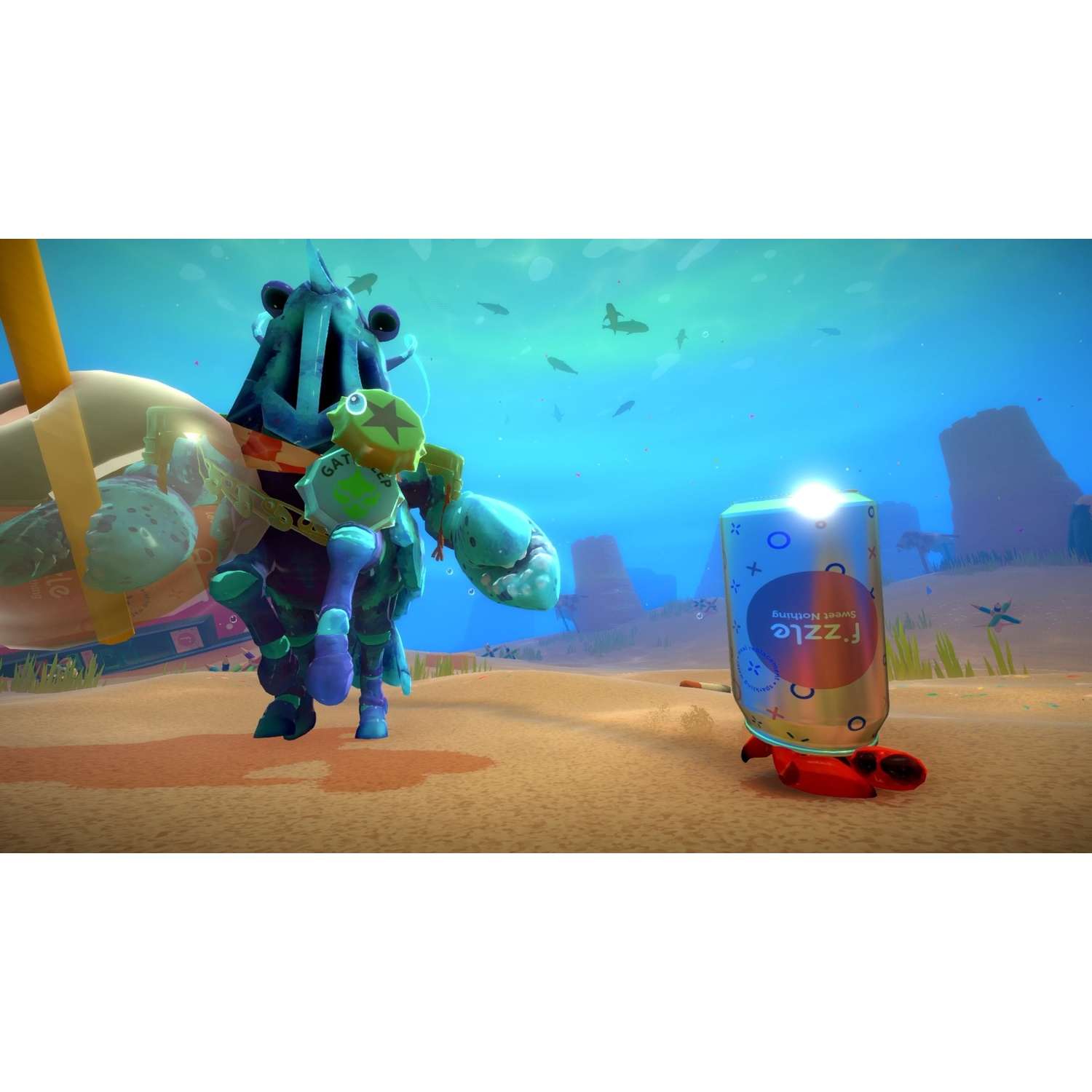 A cartoon character with a drink walks past a blue, underwater scene with a crab.