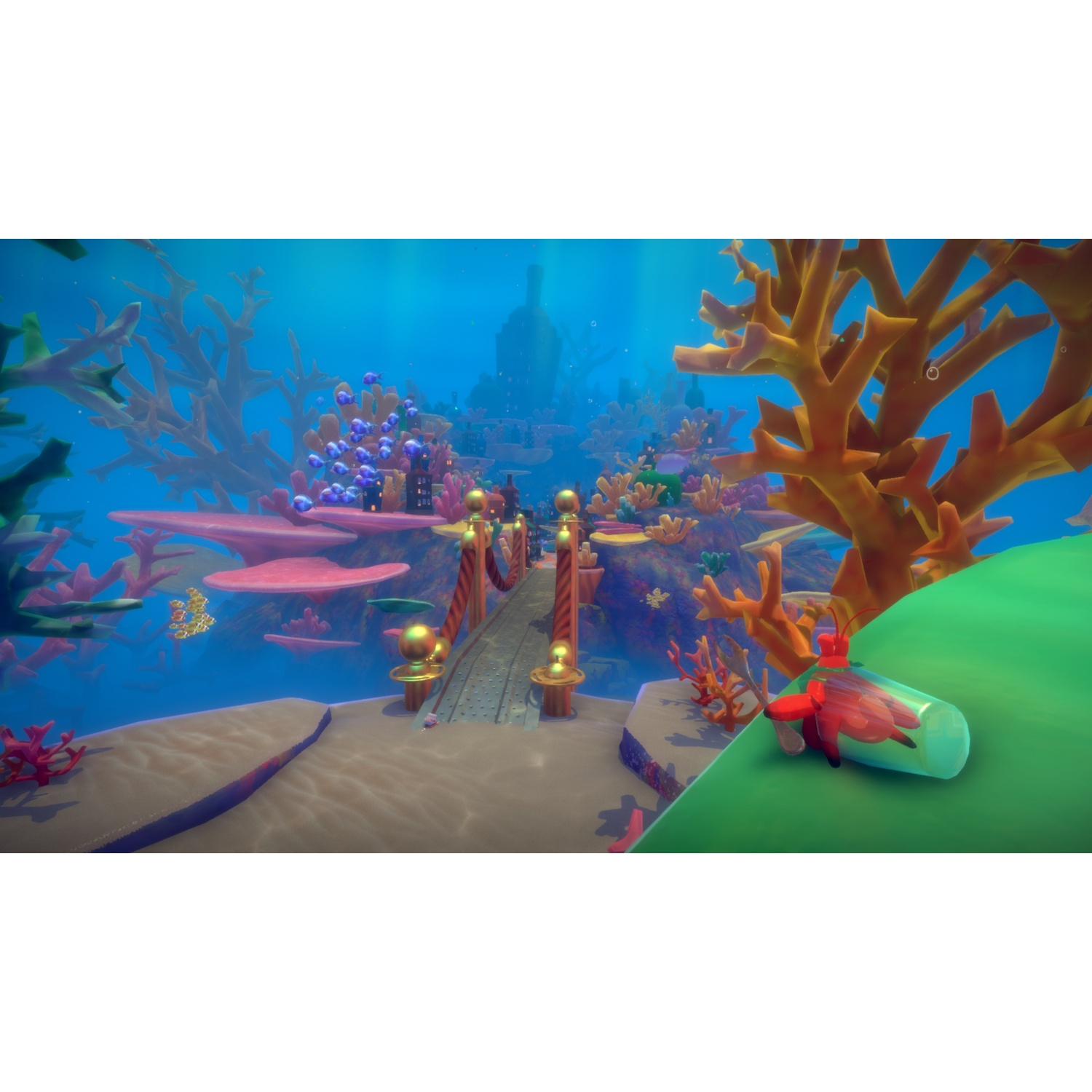 Underwater scene with a bridge, corals, and a crab in a glass.
