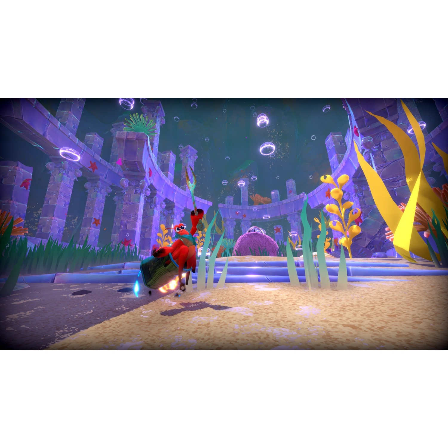Underwater scene, character with a basket, with columns, bubbles, and colorful plants.