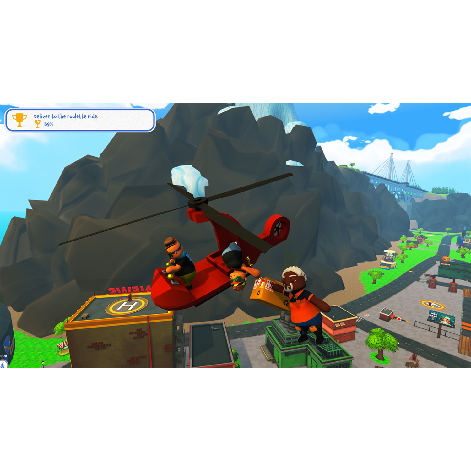 Game scene: Rode helikopter met personages die over een stad vliegen met gebouwen en een brug.
