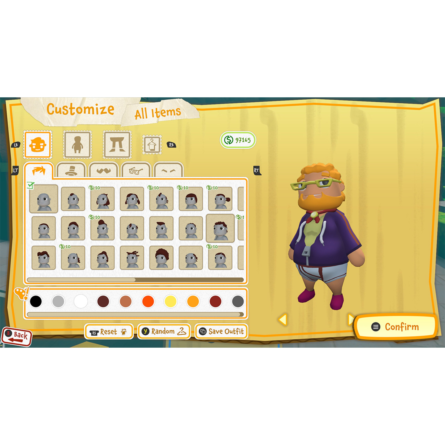 Game: Menu voor personage-aanpassing, met verschillende avatars en kleuropties.