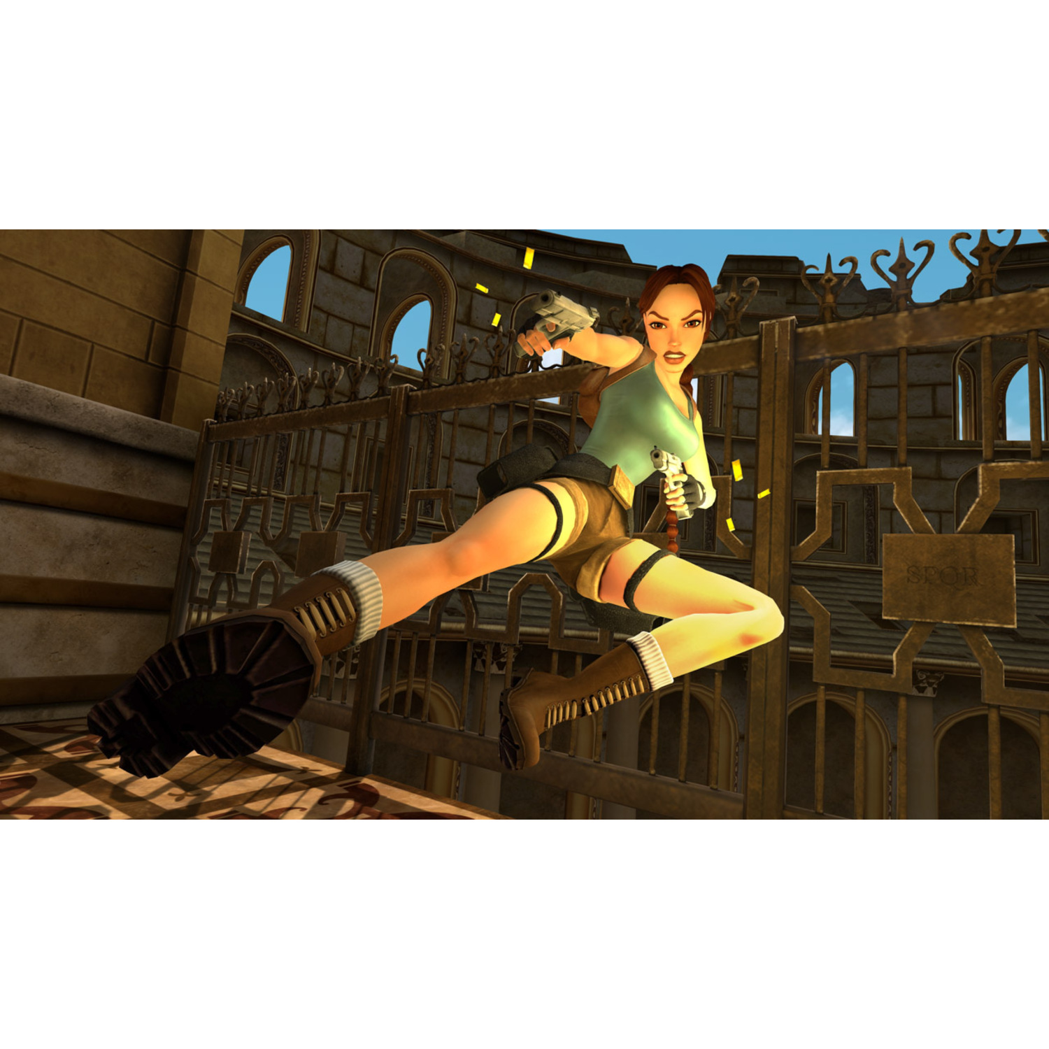 Een videogamekarakter, Lara Croft, in actie, met wapens, springt over een poort.