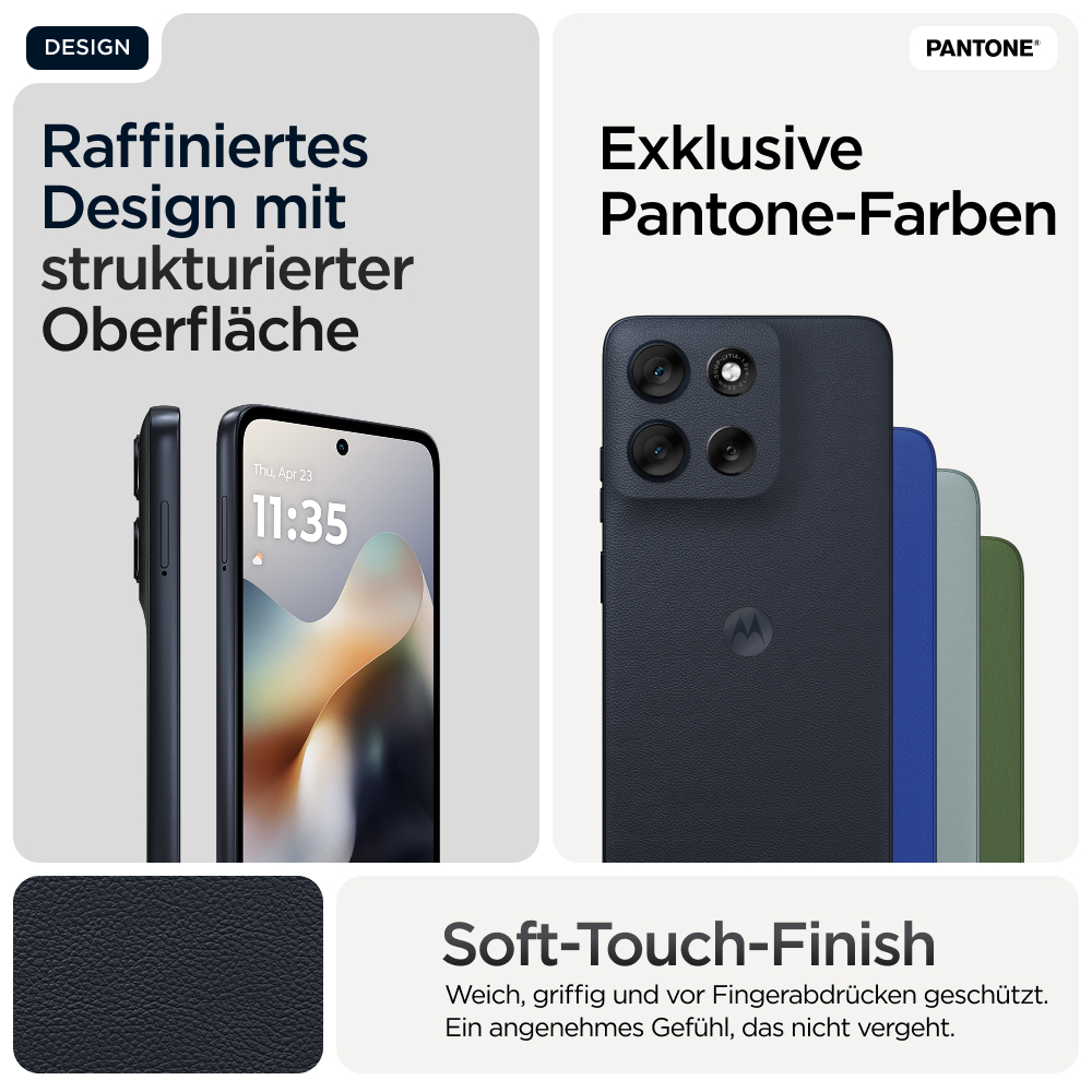Ein marineblaues Smartphone mit drei Kameras und strukturierter Rückseite, neben Farbmustern und Text.