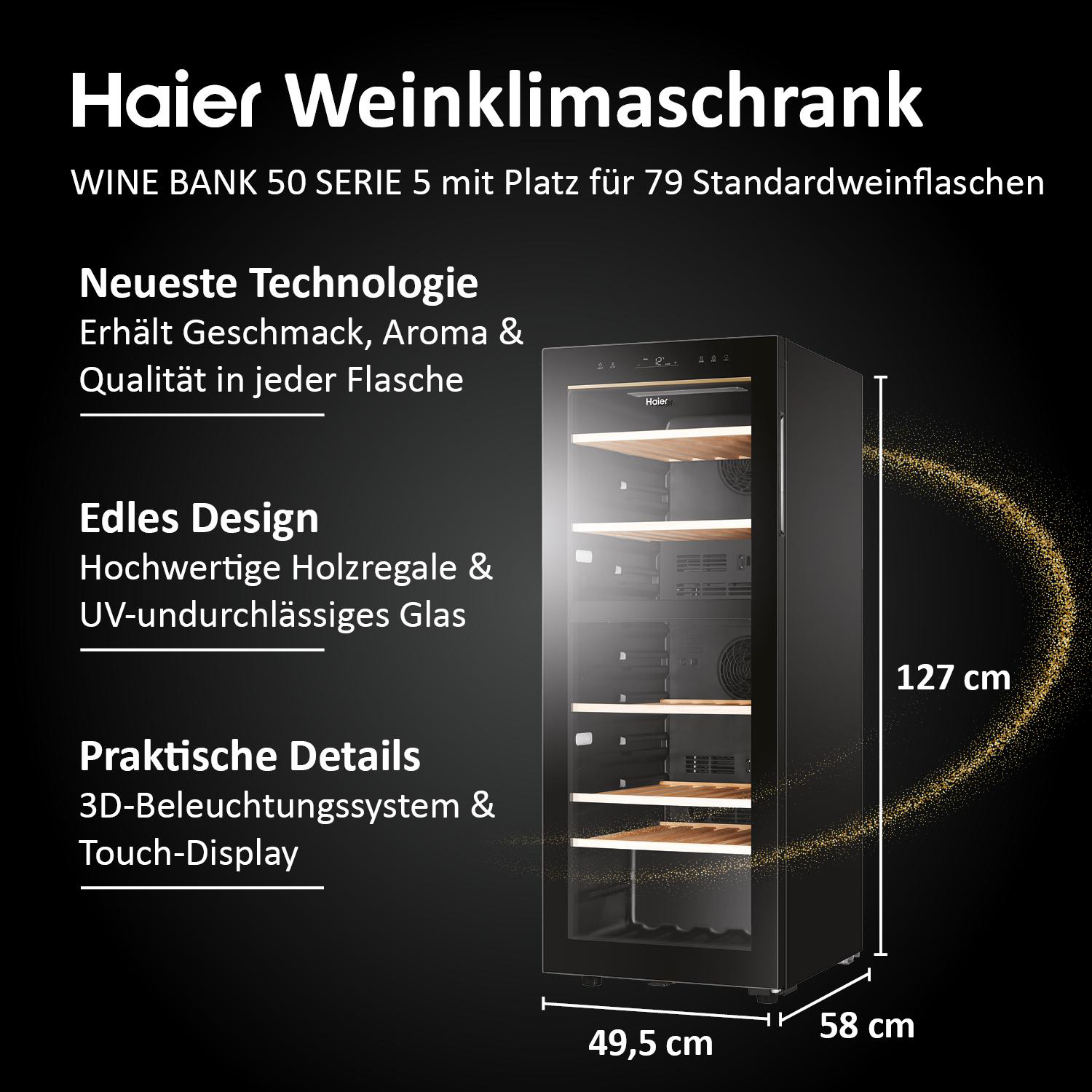 Haier Weinkühlschrank, schwarz, mit Holzregalen, Wein präsentierend, Abmessungen gezeigt.