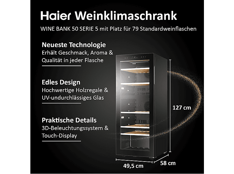 HAIER HWS79GDG 50 SERIE 5 Weinklimaschrank (190 l EEK G, Glas Schwarz)