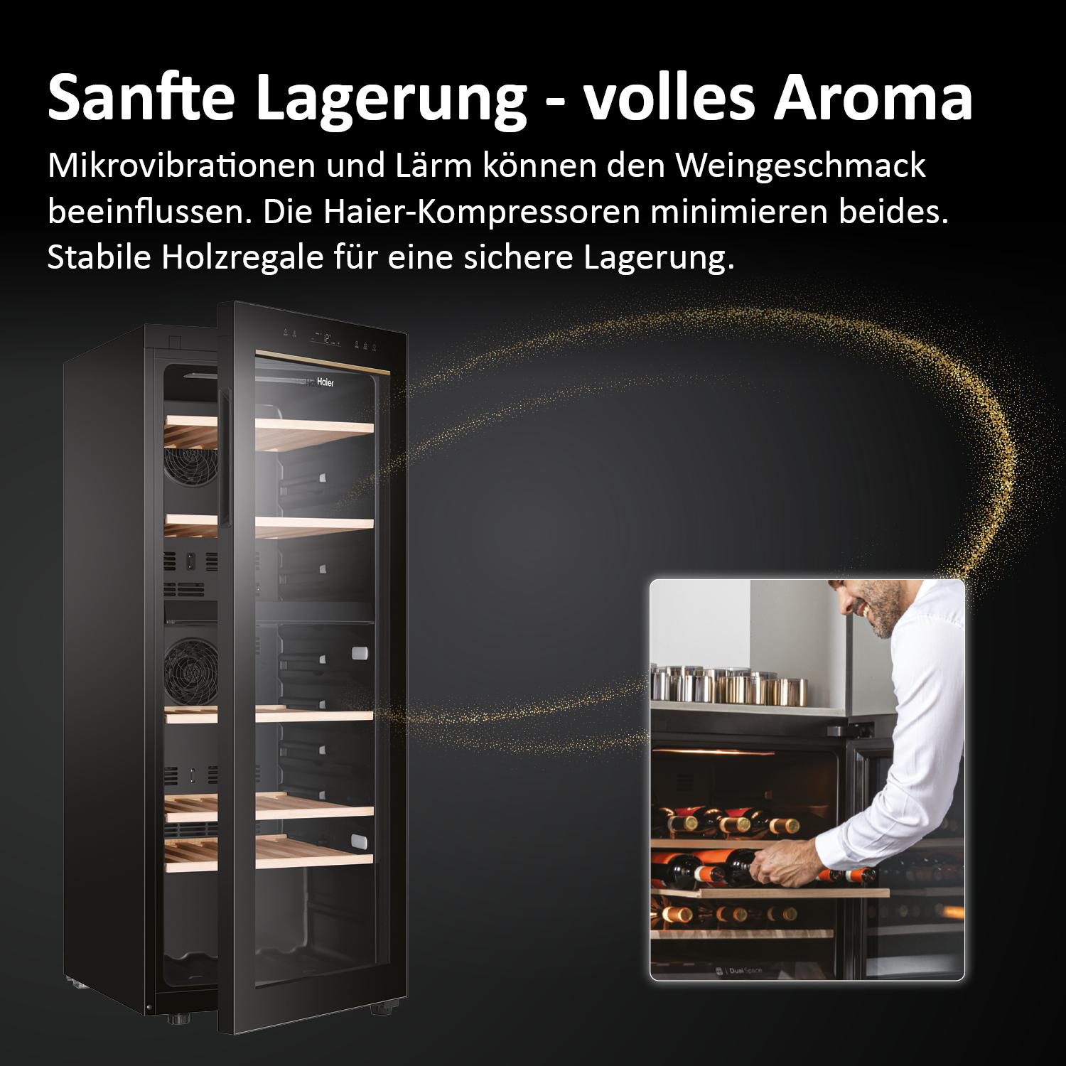 Haier Weinkühler, offen mit Flaschen. Mann in der Ecke, goldene Glitzer in der Luft.