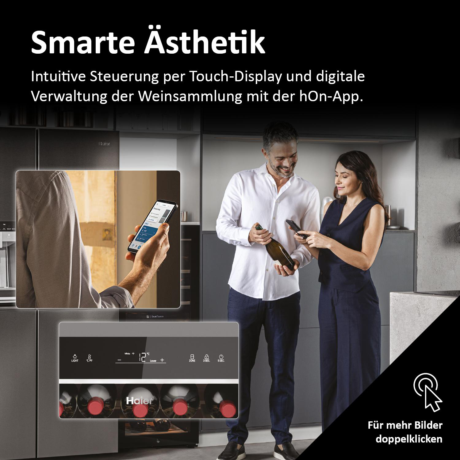 Eine moderne Küchenszene mit zwei Personen, die auf ein Telefon schauen, und einem Weinkühler.