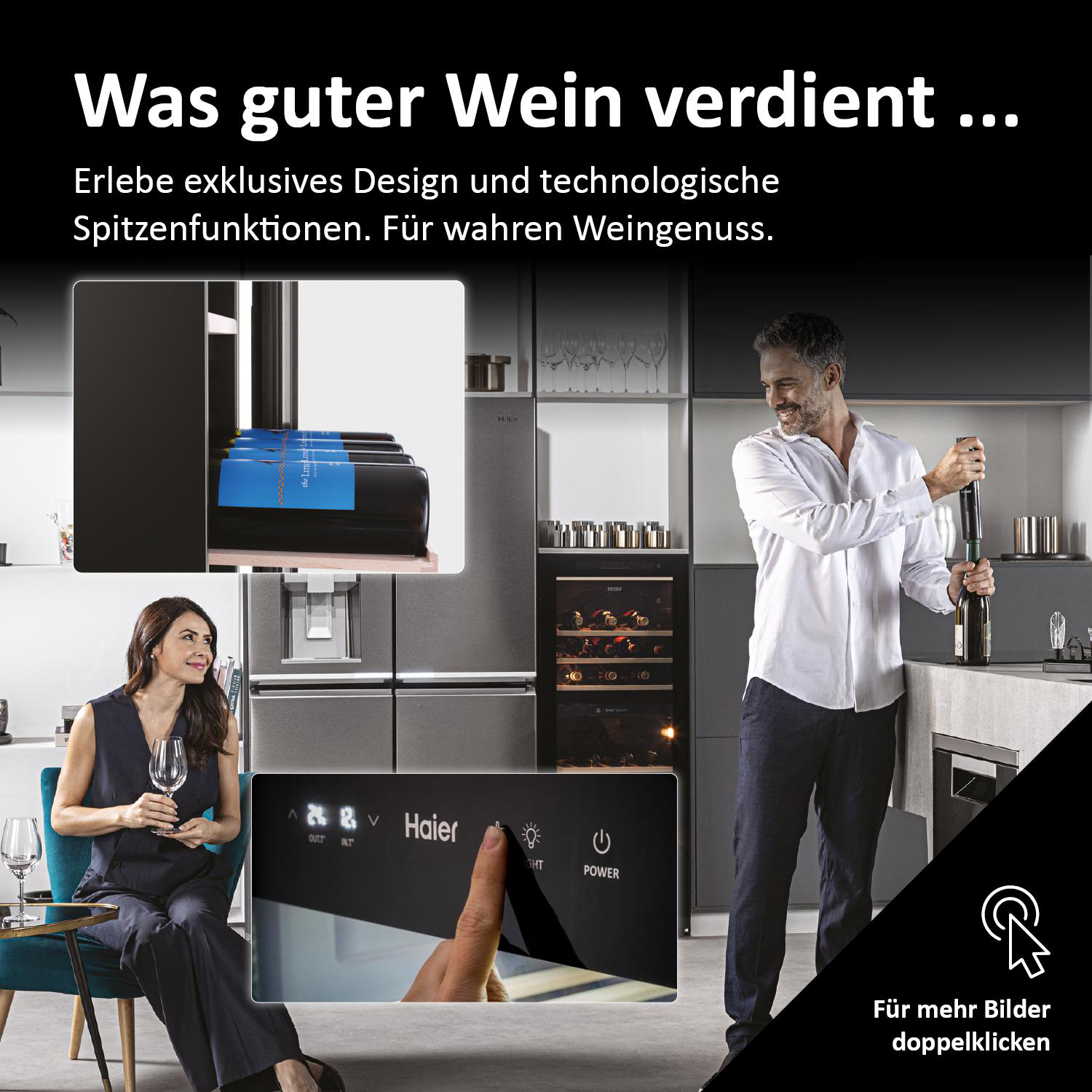 Mann öffnet Wein, Frau hält Glas. Weinkühlschrank, Flaschen und Bedienfeld sind sichtbar. Text auf Deutsch.