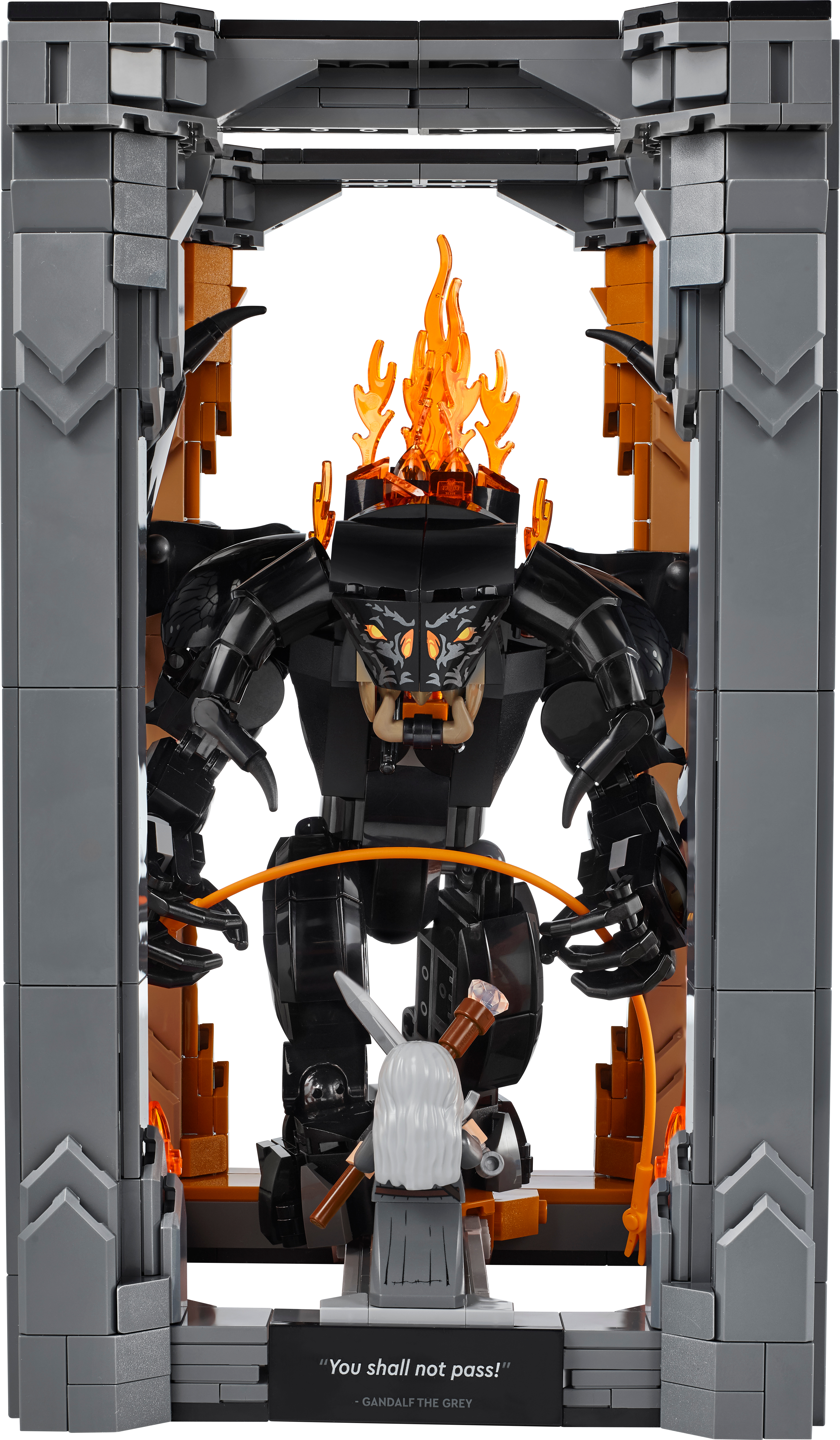 Lego Set: Herr der Ringe, Balrog mit Feuer, Gandalf, graue Steinstruktur.