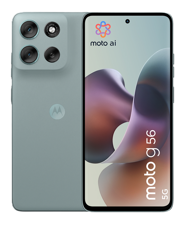 Hellgrünes Smartphone, Rückansicht, mit vier Kameras und dem Moto AI Logo.