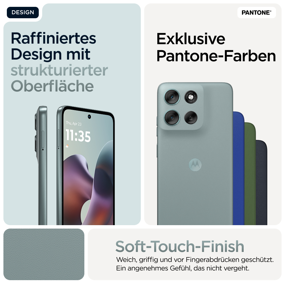 Smartphone mit drei Kameras, verschiedenfarbigen Rückseiten und Text.