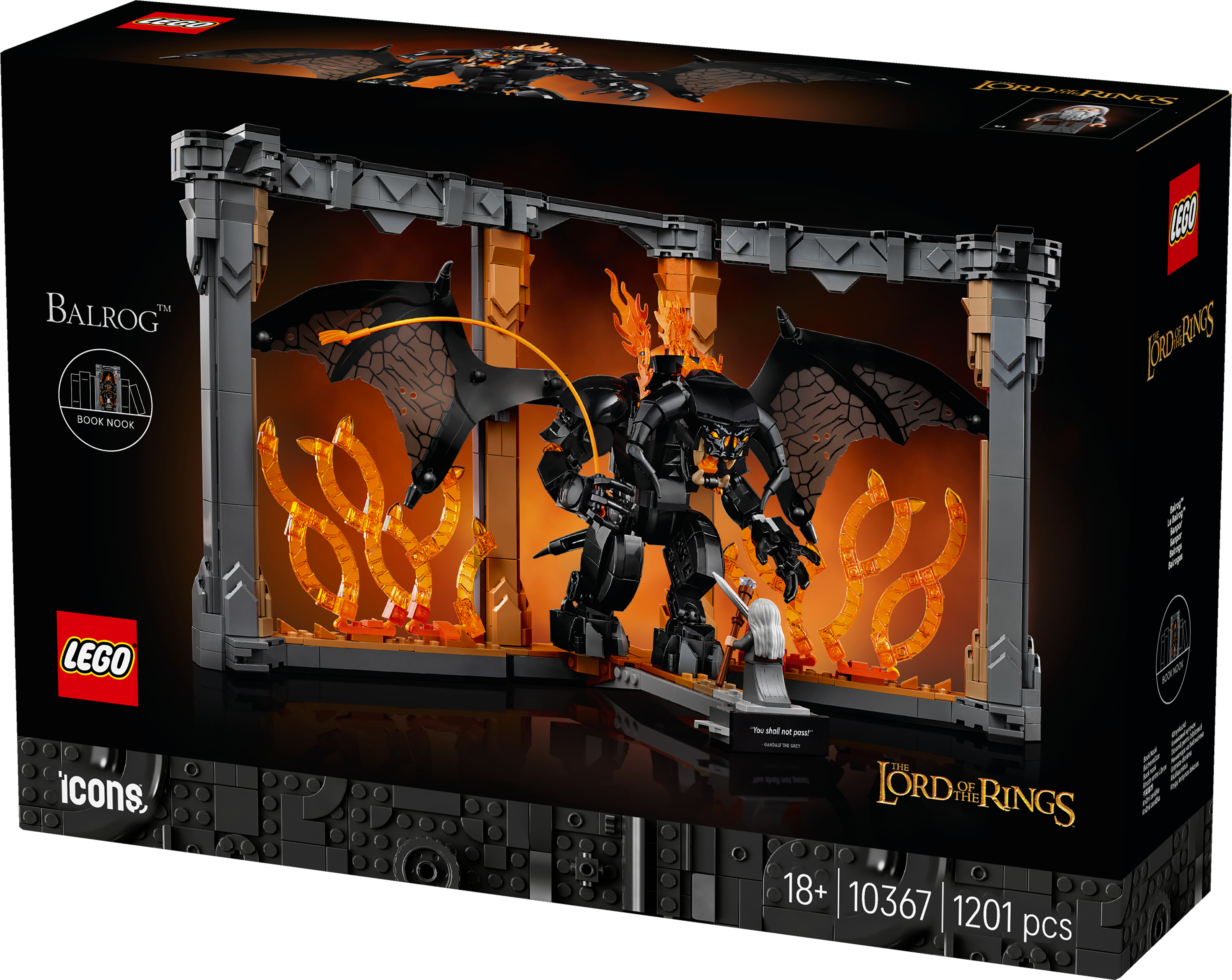 Lego-Set-Box zeigt eine Balrog-Figur, die sich in einer feurigen Szene aus Der Herr der Ringe mit einem Ritter duelliert.