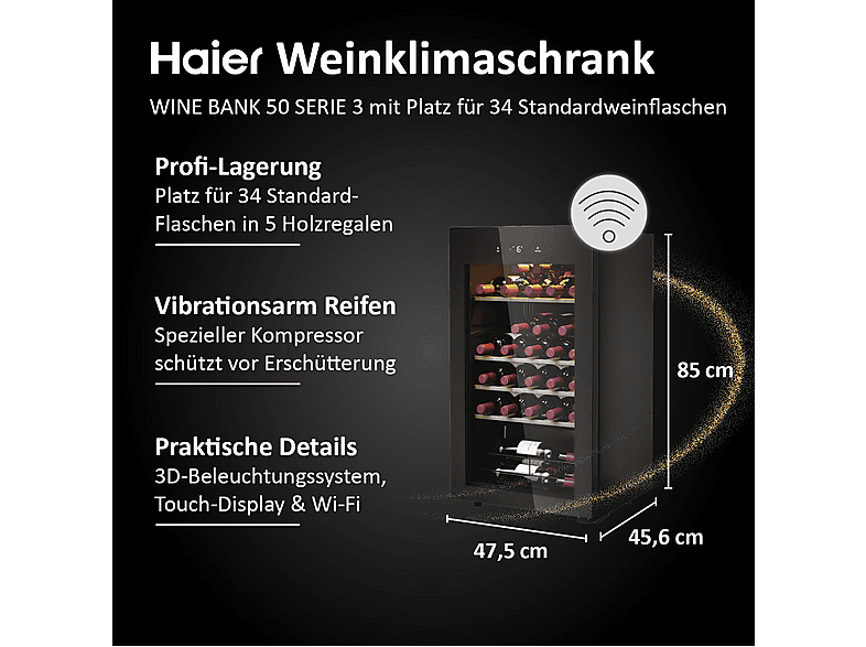 HAIER HWS34GGH1 50 SERIE 3 Weinklimaschrank (90 l EEK G, Glas Schwarz)