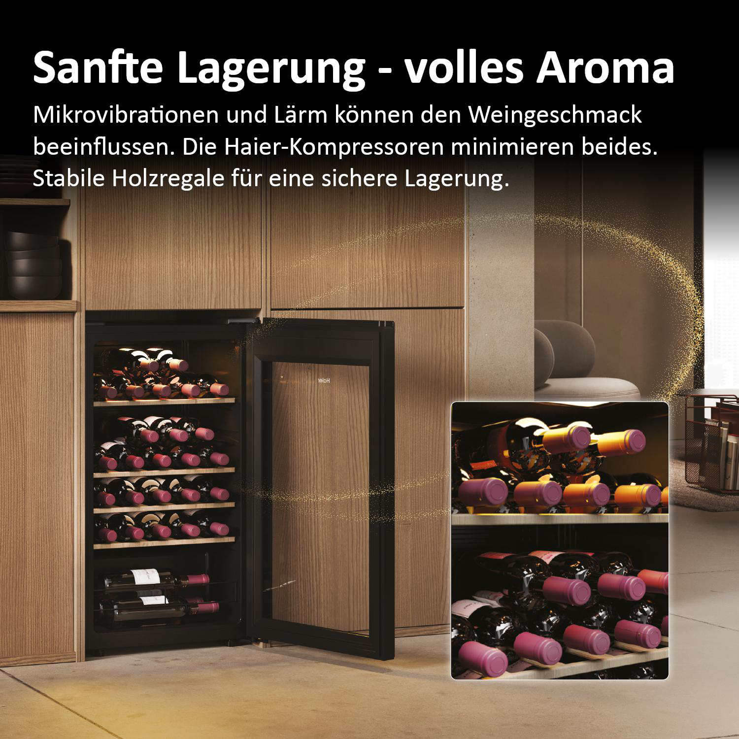 Weinkühler, teilweise geöffnet mit Weinflaschen. Text spricht von sanfter Lagerung und stabilen Holzregalen.