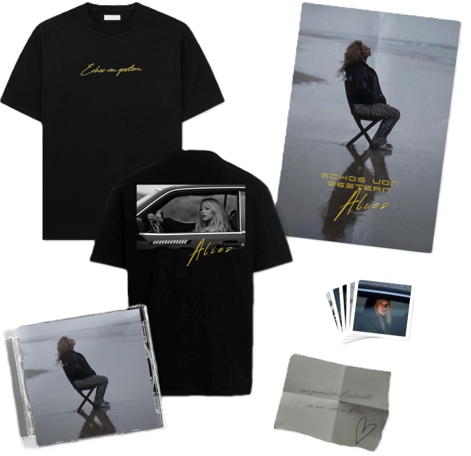 Albumcover und verwandte Artikel. Enthält T-Shirt, CD und handschriftliche Notiz. Alles zeigt eine blonde Frau.