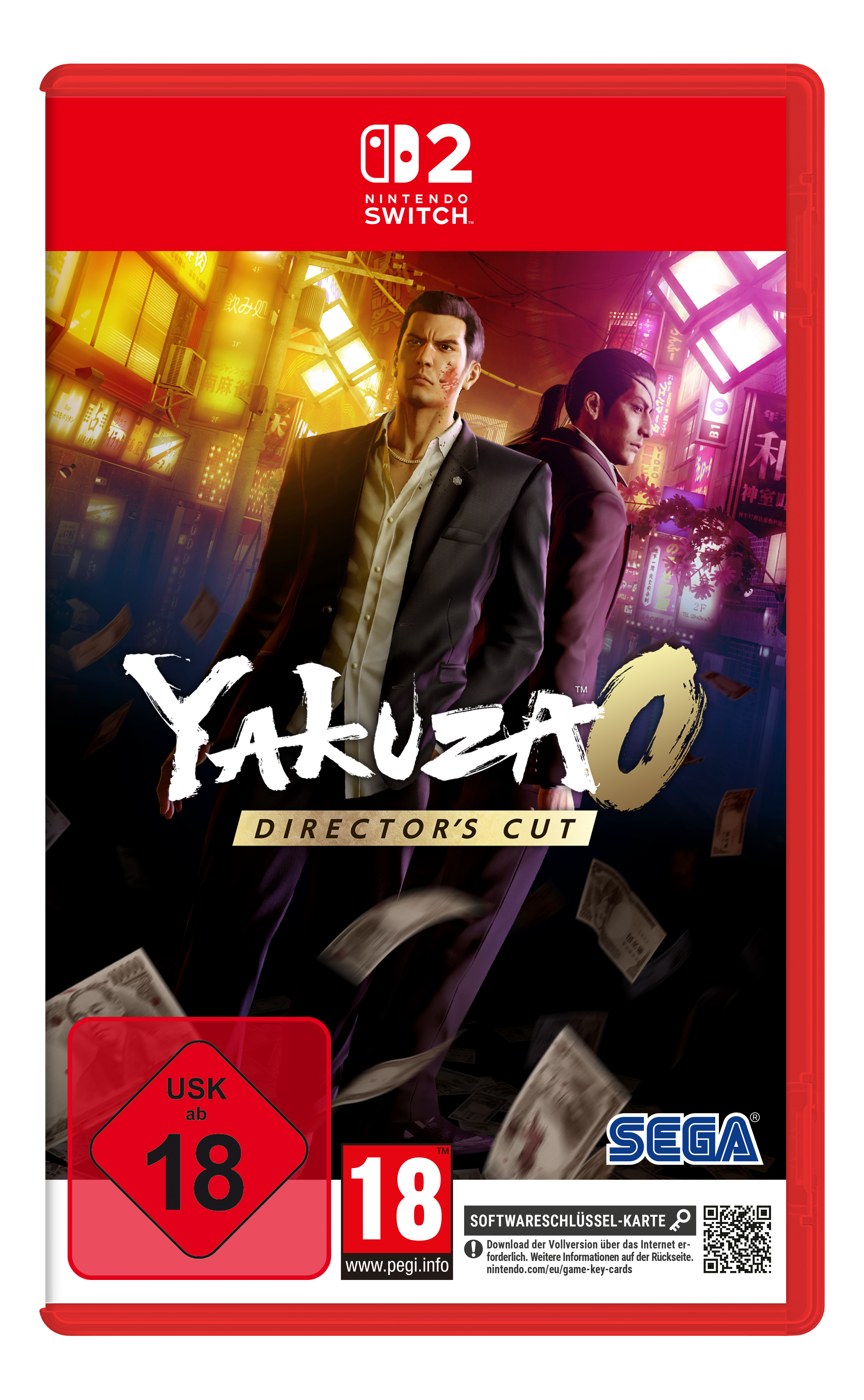 Scatola del gioco Yakuza 0: Director's Cut per Nintendo Switch. Sfondo rosso con i personaggi del gioco.