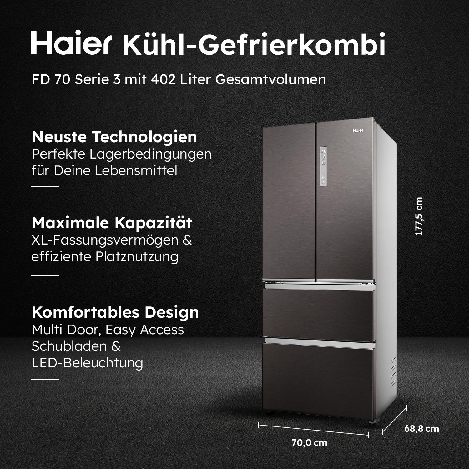 Haier Kühlschrank, weiße Farbe, Mehrfach-Türen, mit Abmessungen und Textbeschreibungen.